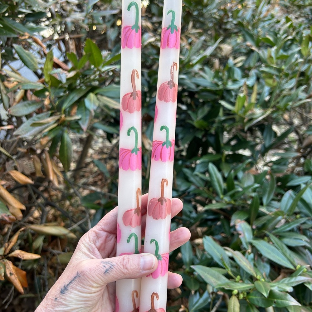 Anthropologie White Taper Candles with Hand painted pumpkin Motif - Pair